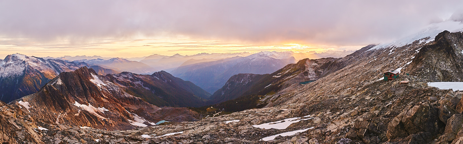Sunset panorama with Haberl Hut visible on mid right
